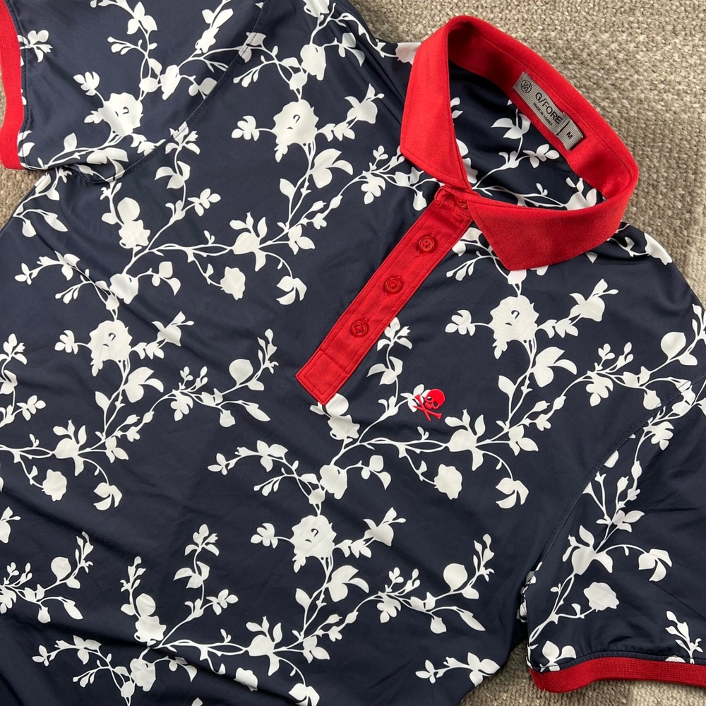 G/FORE Mens Floral Skull Performance Polo Shirt Navy Red White Size M